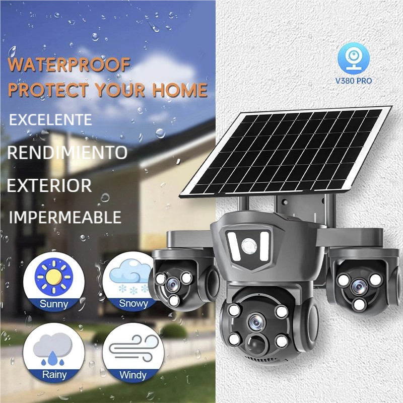 Caméra de Surveillance Solaire WiFi Extérieure 4MP à 3 Objectifs, Vision Nocturne, Détection Humaine IA, 360°, IP66 - 3