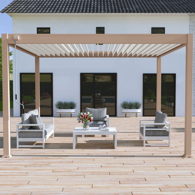 Pergola bioclimatica Ombréa autoportante VS - 3x4M Beige + 1 tenda 4M bianca