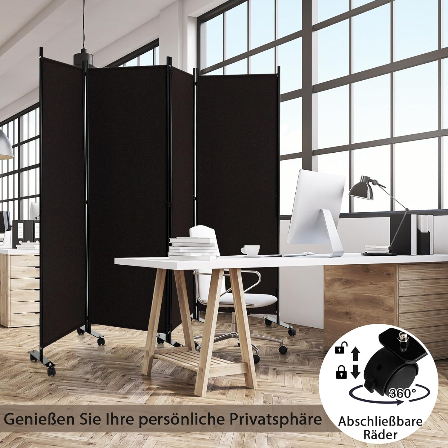 Paravent Séparation Pliable 173×225CM, 4 Panneaux avec roulettes, , Cadre en Métal, Idéal pour Salon,Bureau,Hôpital,Café - 4