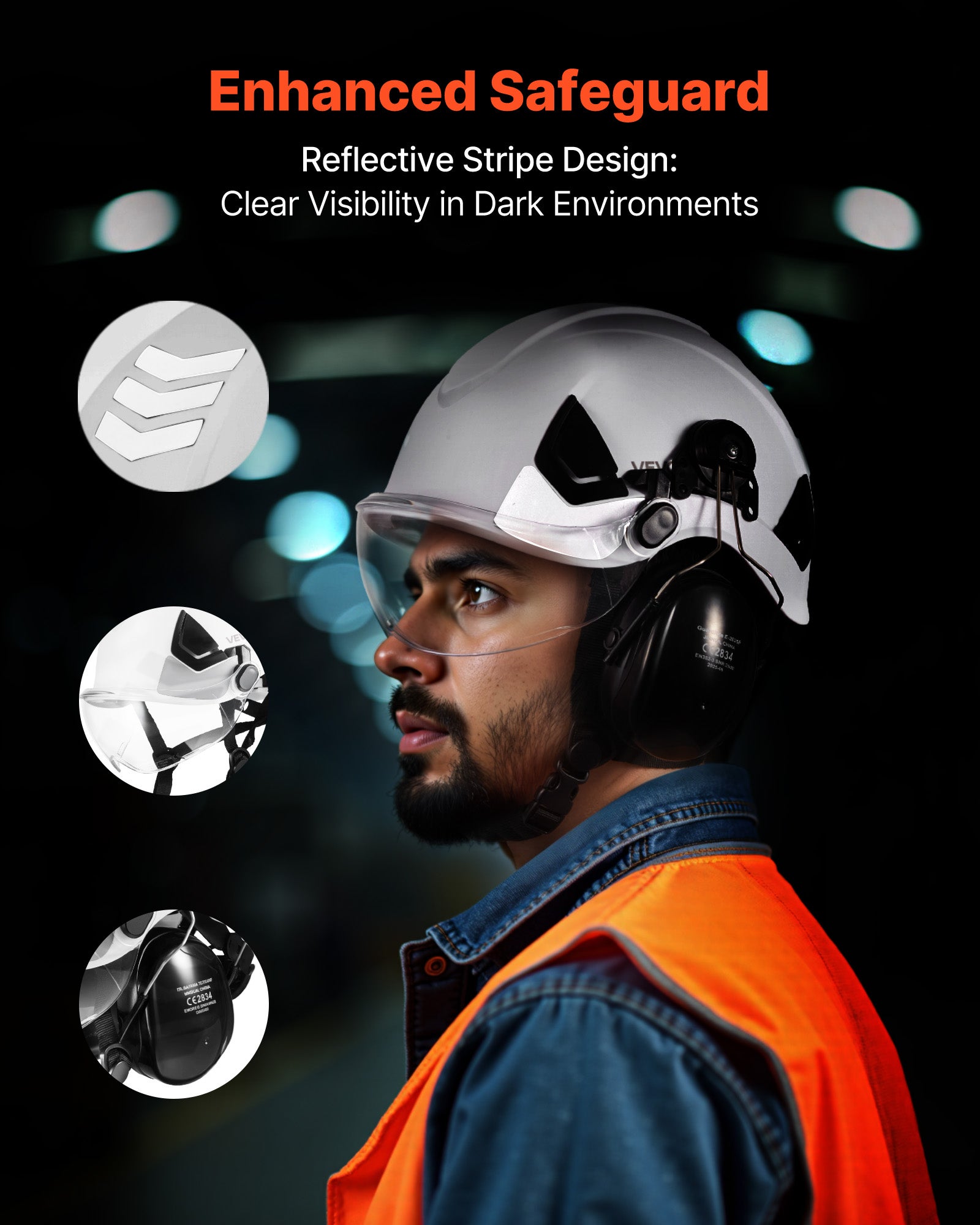 Casque de Sécurité Industriel VEVOR ABS Certifié ANSI/ISEA Z89.1 avec Visière, Cache-Oreilles et Suspension à Cliquet 6 Points Ajustable et Ventilée - 5
