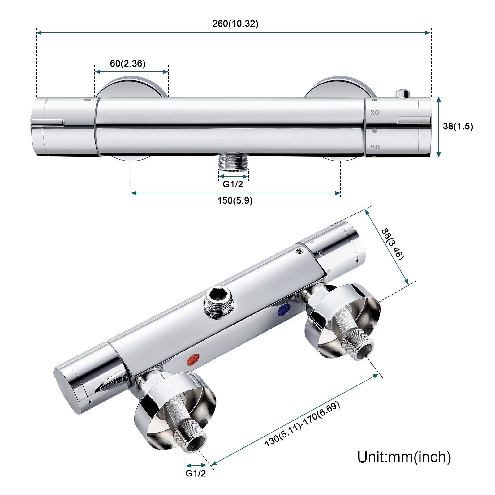 LOVHAUS Mitigeur de Douche avec Thermostat, 38°C Mitigeur de Douche en Saillie avec Bouton-Poussoir de Sécurité, Thermostat de Douche Rond Chromé - 6