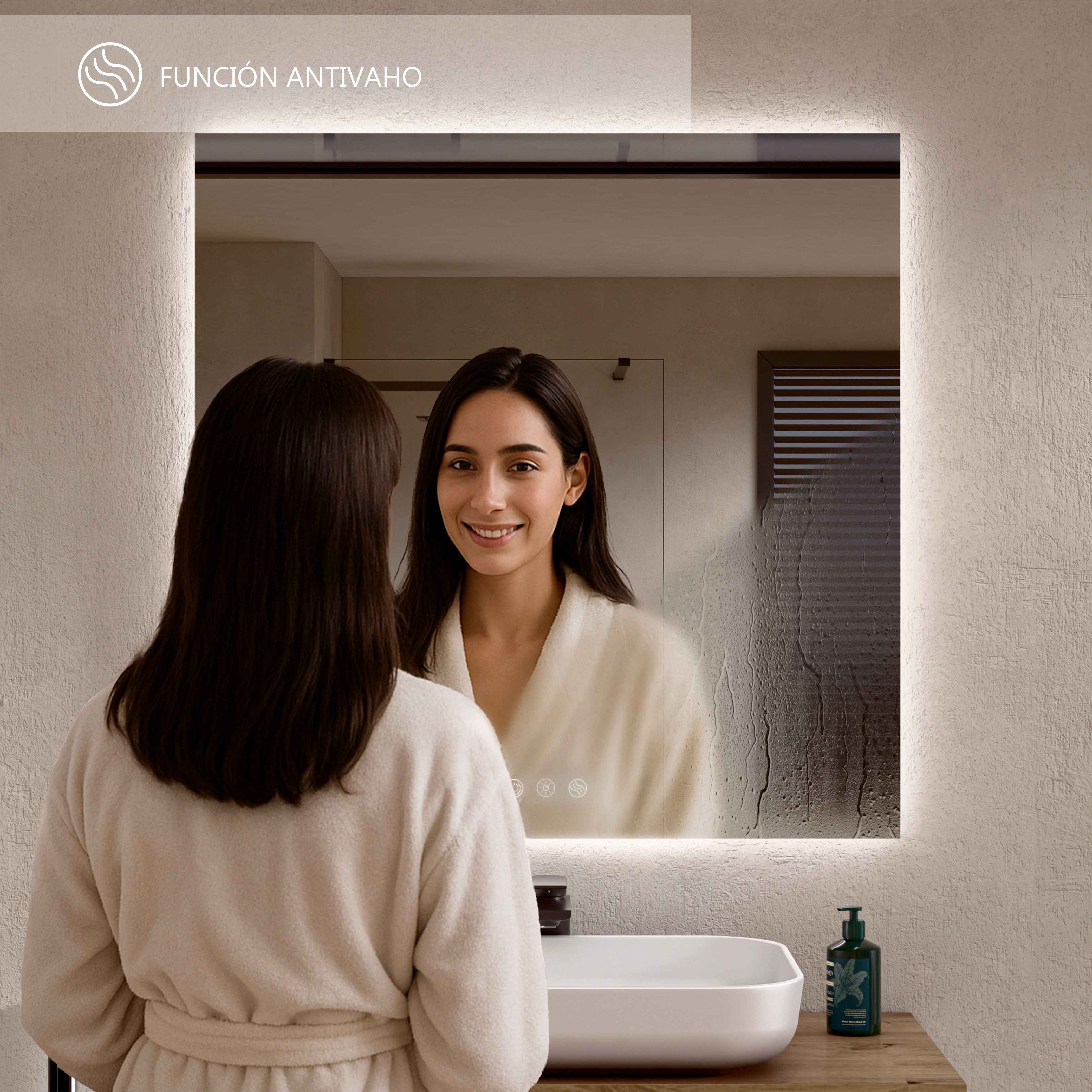 BELLOBATH - Espelho de banheiro com luz LED, luz ajustável em 3 cores e intensidades, antiembaçante - luz indireta 80cm alto x 80cm largura - 7