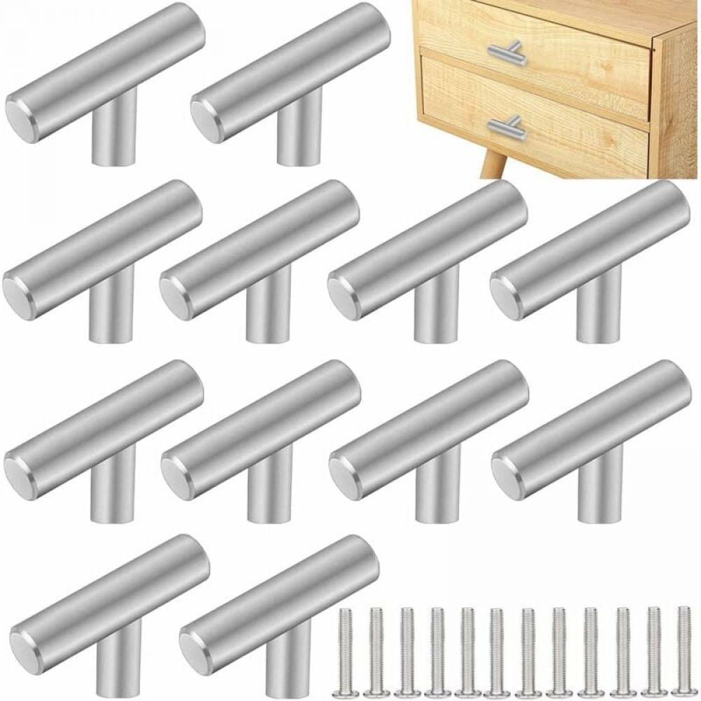 Zestaw 12 srebrnych uchwytów do szafek kuchennych ze stali nierdzewnej, 50 x 32 mm, jeden otwór, w kształcie litery T