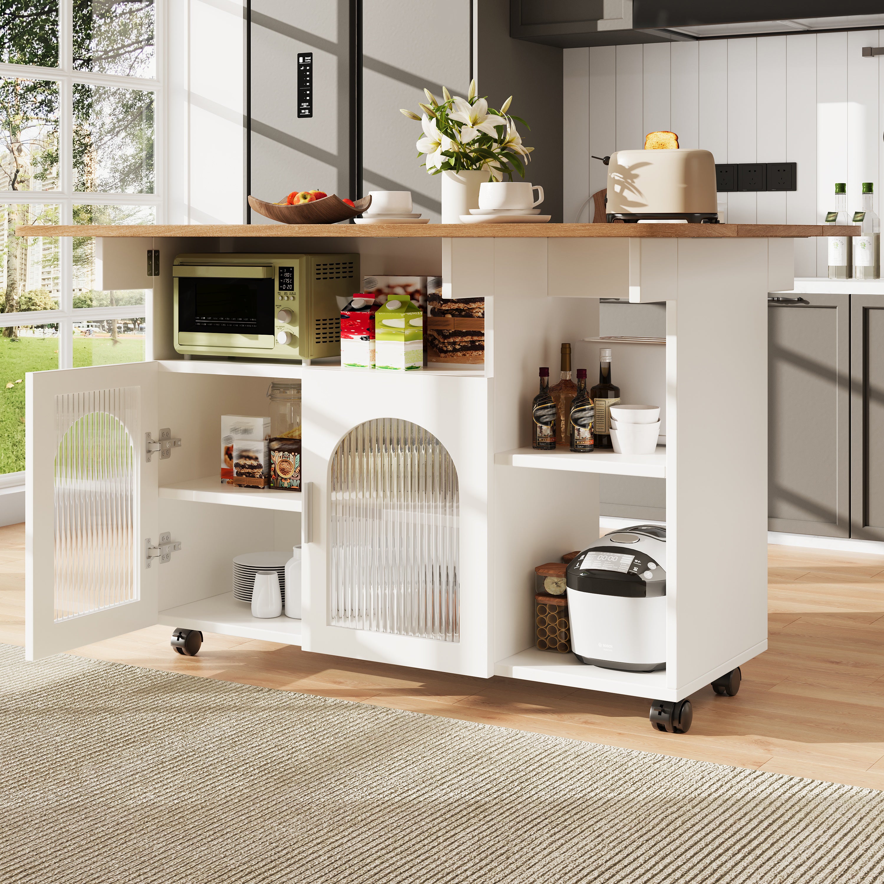 Îlot de cuisine 120x30x79,5 cm, desserte de cuisine avec rangements, buffet, table de salle à manger multifonction, MDF, blanc - 3