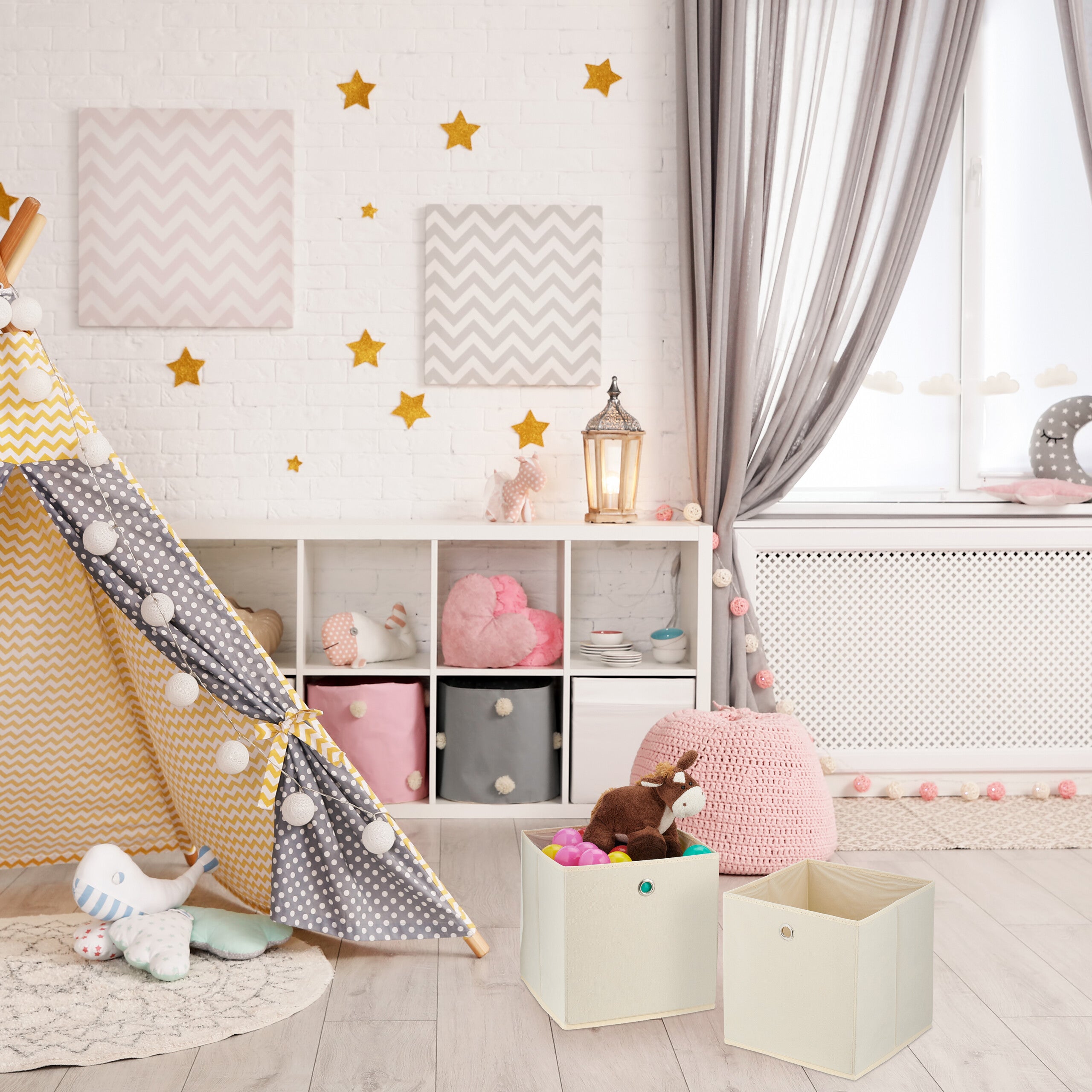 Boîtes de rangement, lot de 4, pliables, H x L x P : 30 x 30 x 30 cm, œillet, caisses pliables, beige, Relaxdays - 5