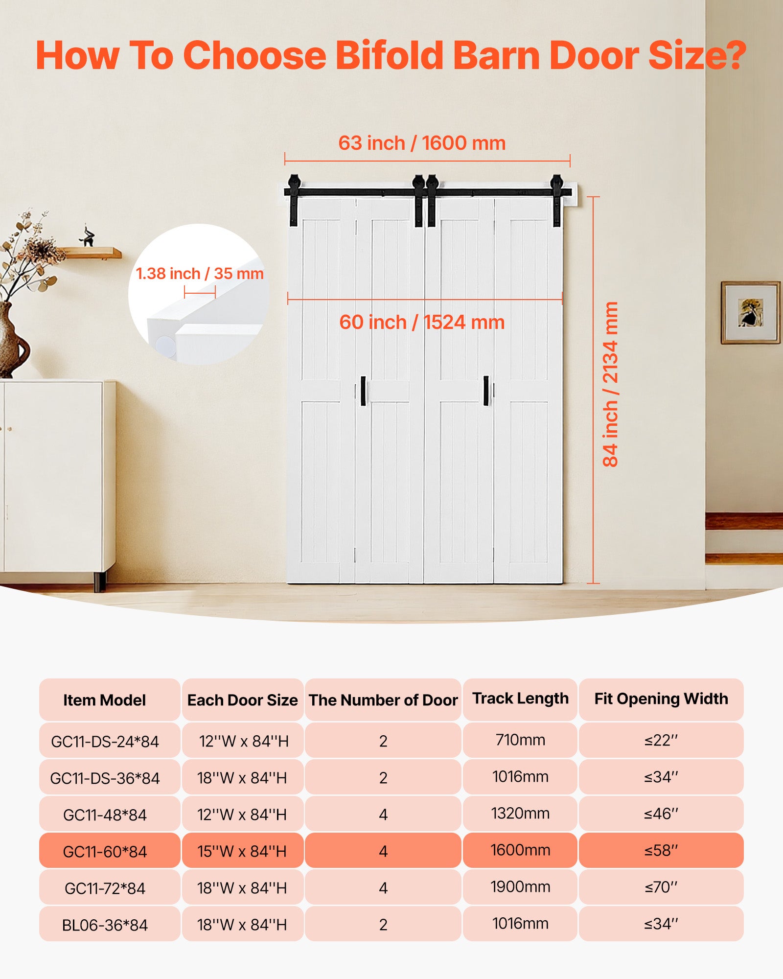 Porta interna scorrevole doppia VEVOR 1524x2134 mm, per camera letto, soggiorno e garage, telaio compatto a forma di H, pannelli preassemblati, bianco - 7