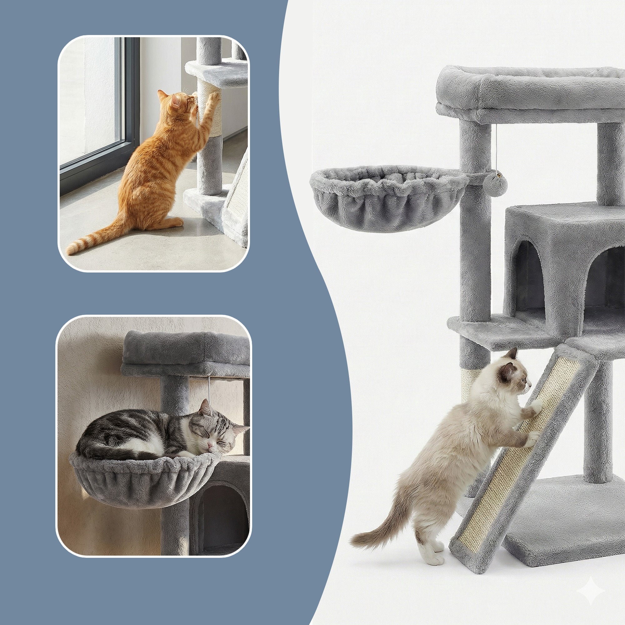 Petit Arbre à Chat, Poteaux à Griffer et Rampe, Gris Clair - 4