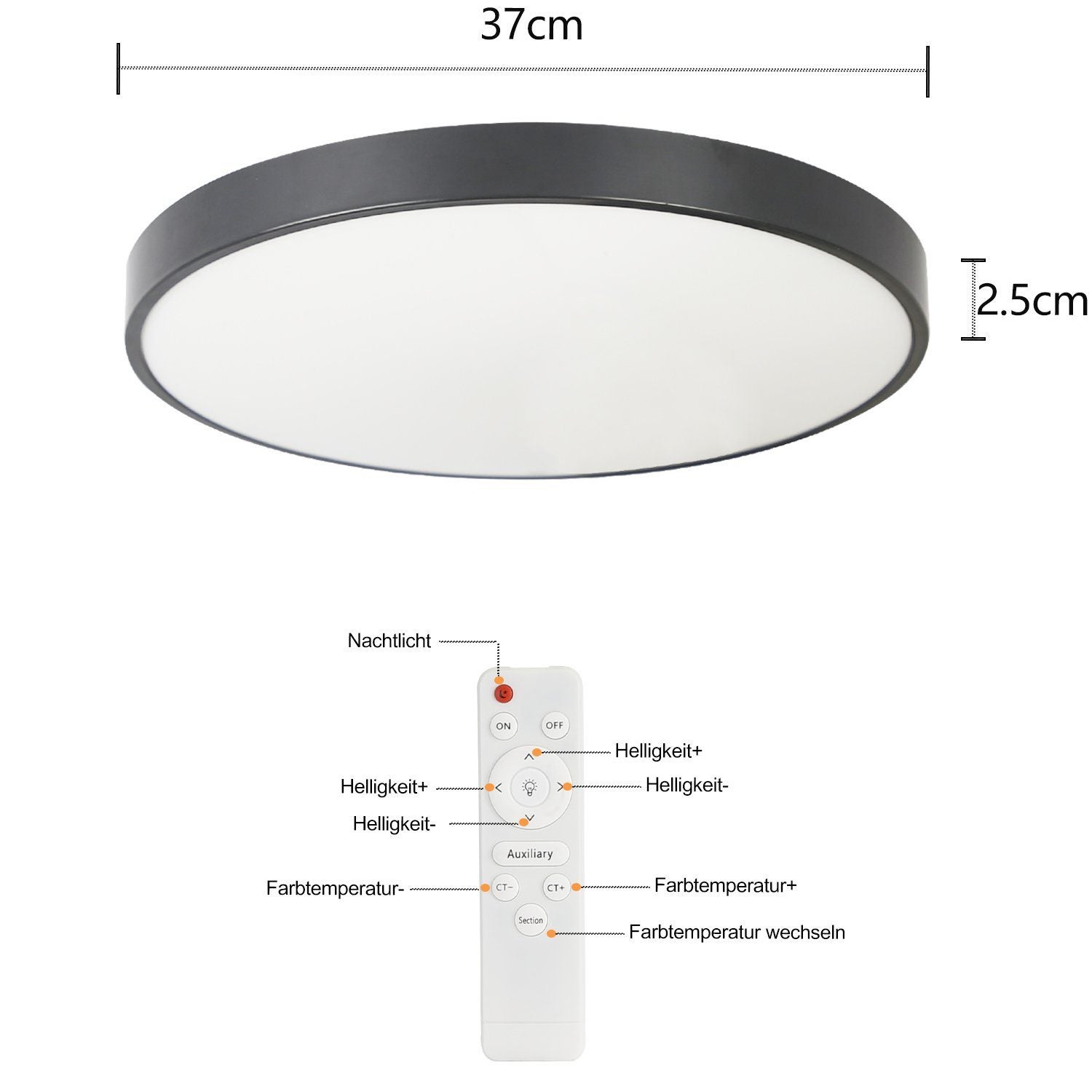 NETTLIFE Plafón LED regulable con mando a distancia 36W lámpara de baño negro IP44 impermeable plano 37cm redondo - 8