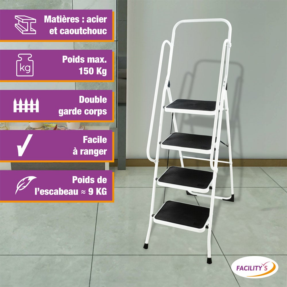 Escabeau Marchepied Pliable - 4 Marches - Capacité 150 kg - Marches larges - 2