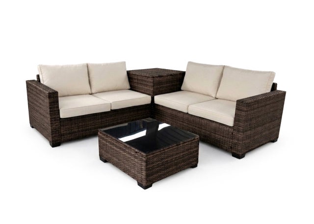 Sofa Rinconera + Mesa + Baul en Ratan PE. Muebles de Jardin y Terraza, Ratan Marron