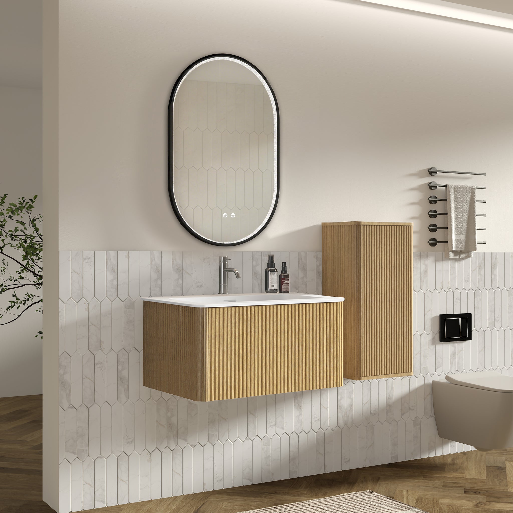 Ensemble meuble salle de bain 80 cm chêne, meuble sous vasque suspendu ...