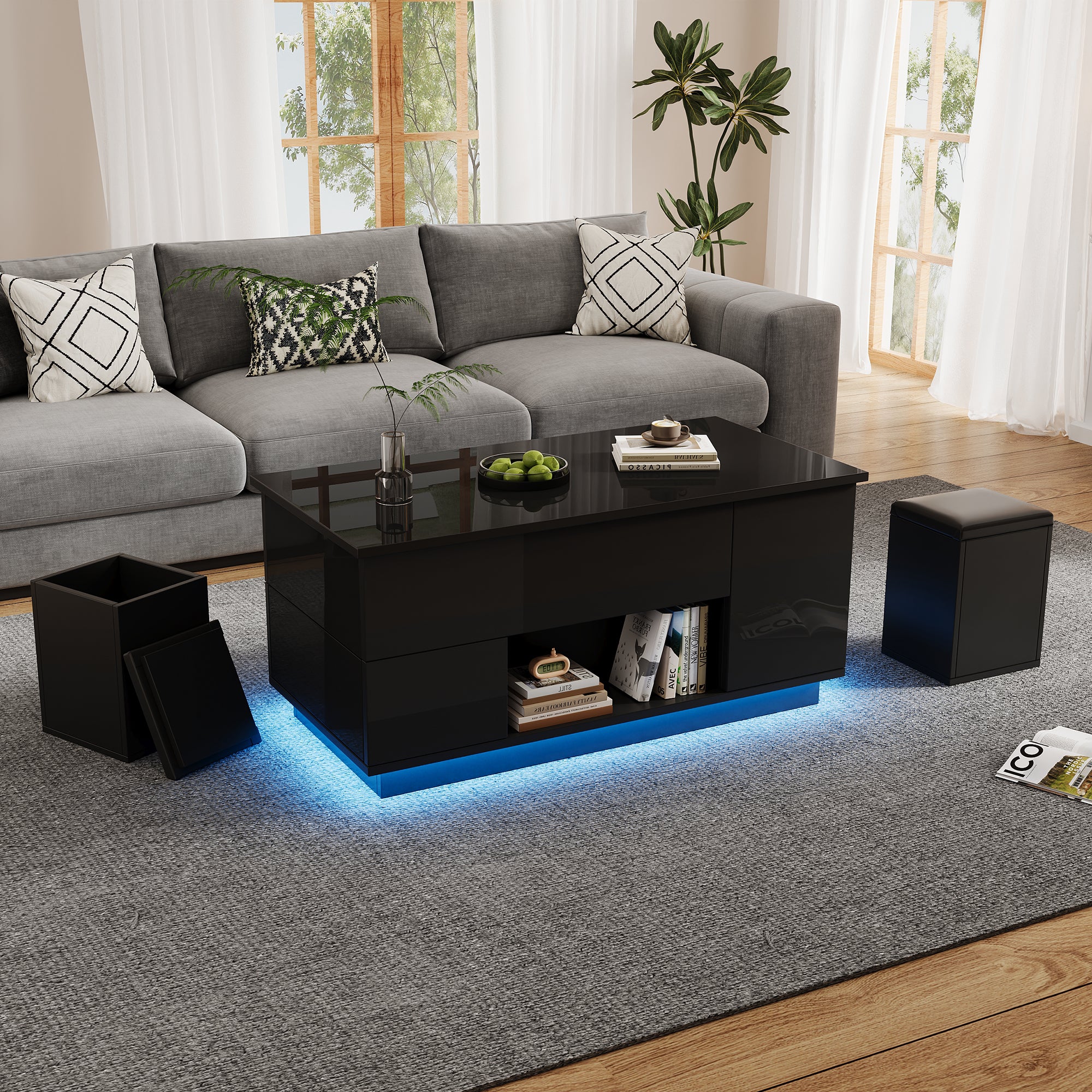 Stilvora  Mesa De Centro Regulable En Altura Con Iluminación Led, 2 Cajones/2 Taburetes, 100X50x45 Cm, Tablero De Partículas, Color Negro , Leroy Merlin