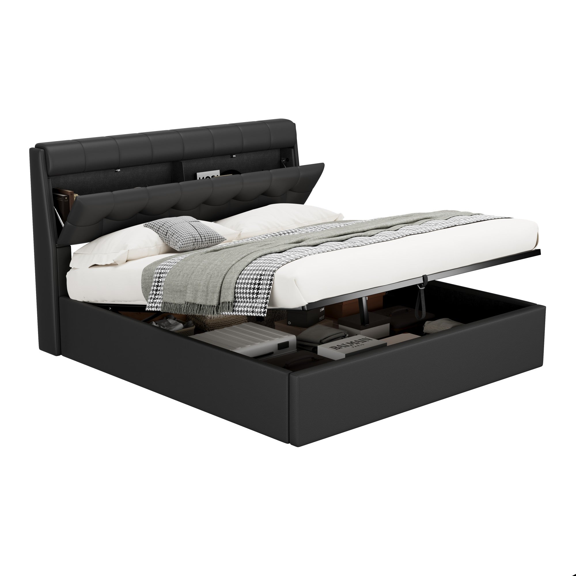 Lit coffre 160 x 200 cm avec tête de lit rangement - LEDs - Cuir PU - Noir (sans matelas) - 8