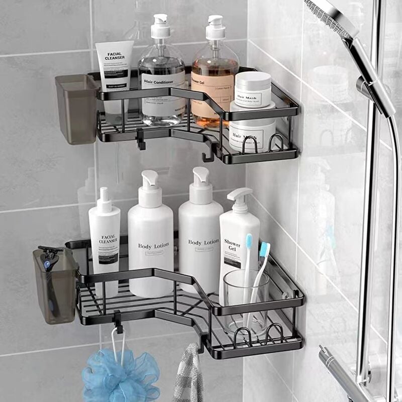 Lot de 2 etagère Douche Etagere Salle de Bain Angle Etagere sans Percage Acier Inoxy avec1porte-dentifrice 8 Crochets et 6 Adhésifs - 2
