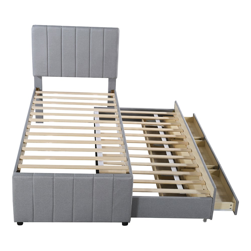 Lit simple 90 x 200 cm avec Lit gigogne 90 x 190 cm - 3 tiroirs - Tête de lit réglable - Tissu en lin - Gris - 7