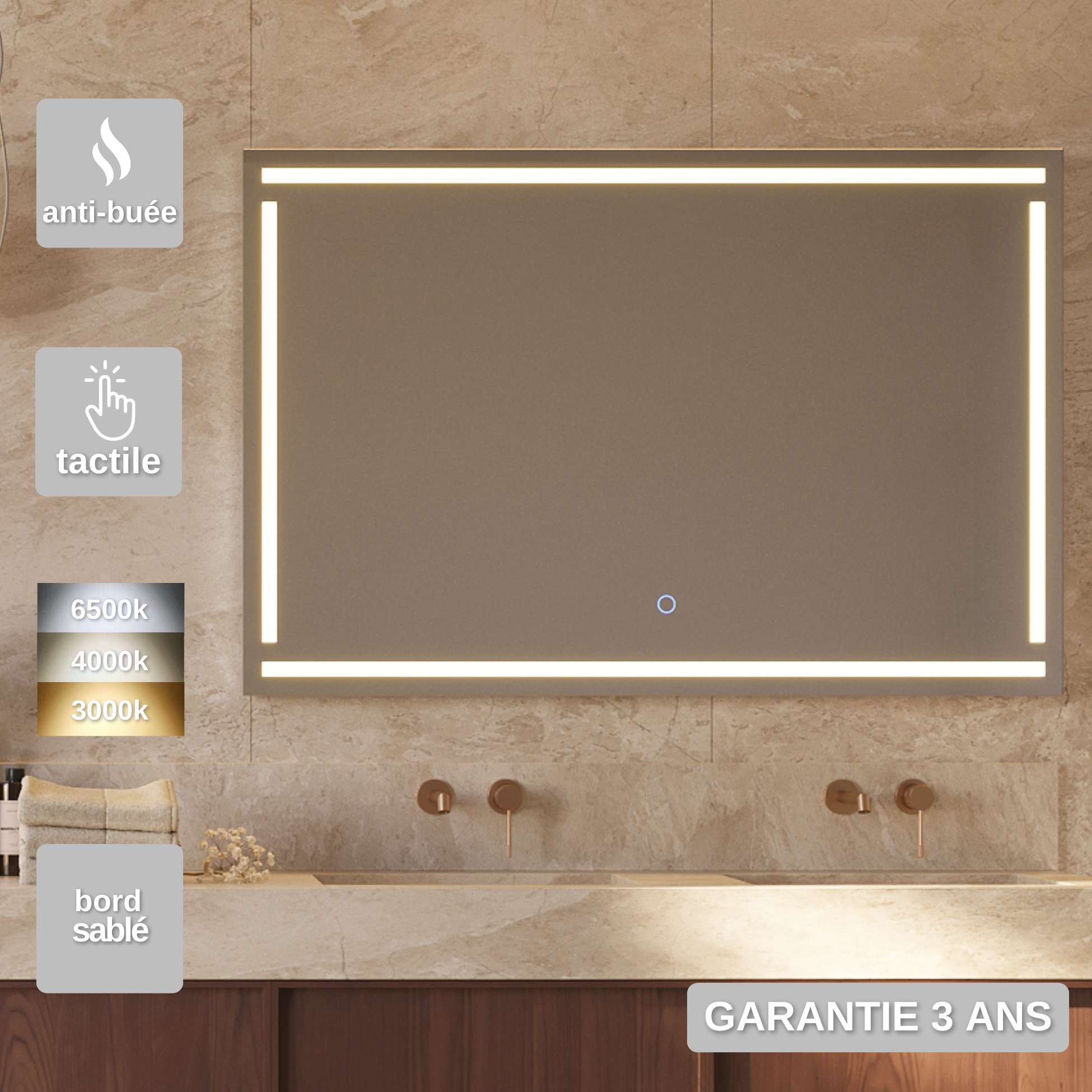 Aica Miroir De Salle De Bain Anti-buée Miroir Lumineux LED Vertical Ou Horizontal Blanc Froid Interrupteur Tactile 100 60cm