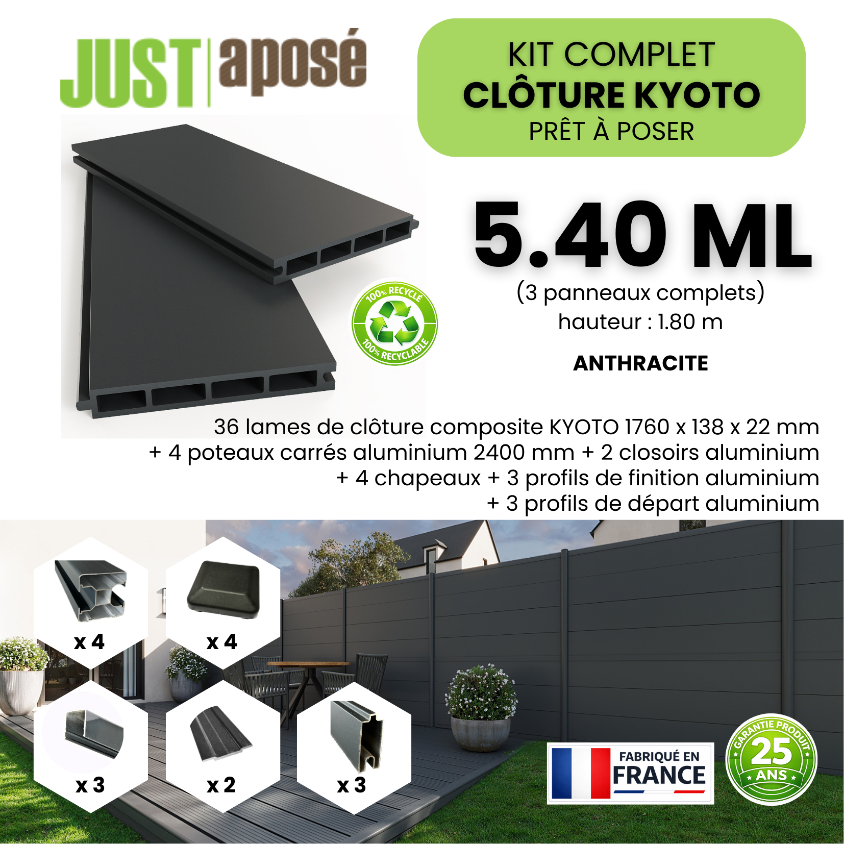 Kit complet clôture composite KYOTO - 3 panneaux complets - 5,40 x 1,80 m - Prêt à poser - Anthracite - 3