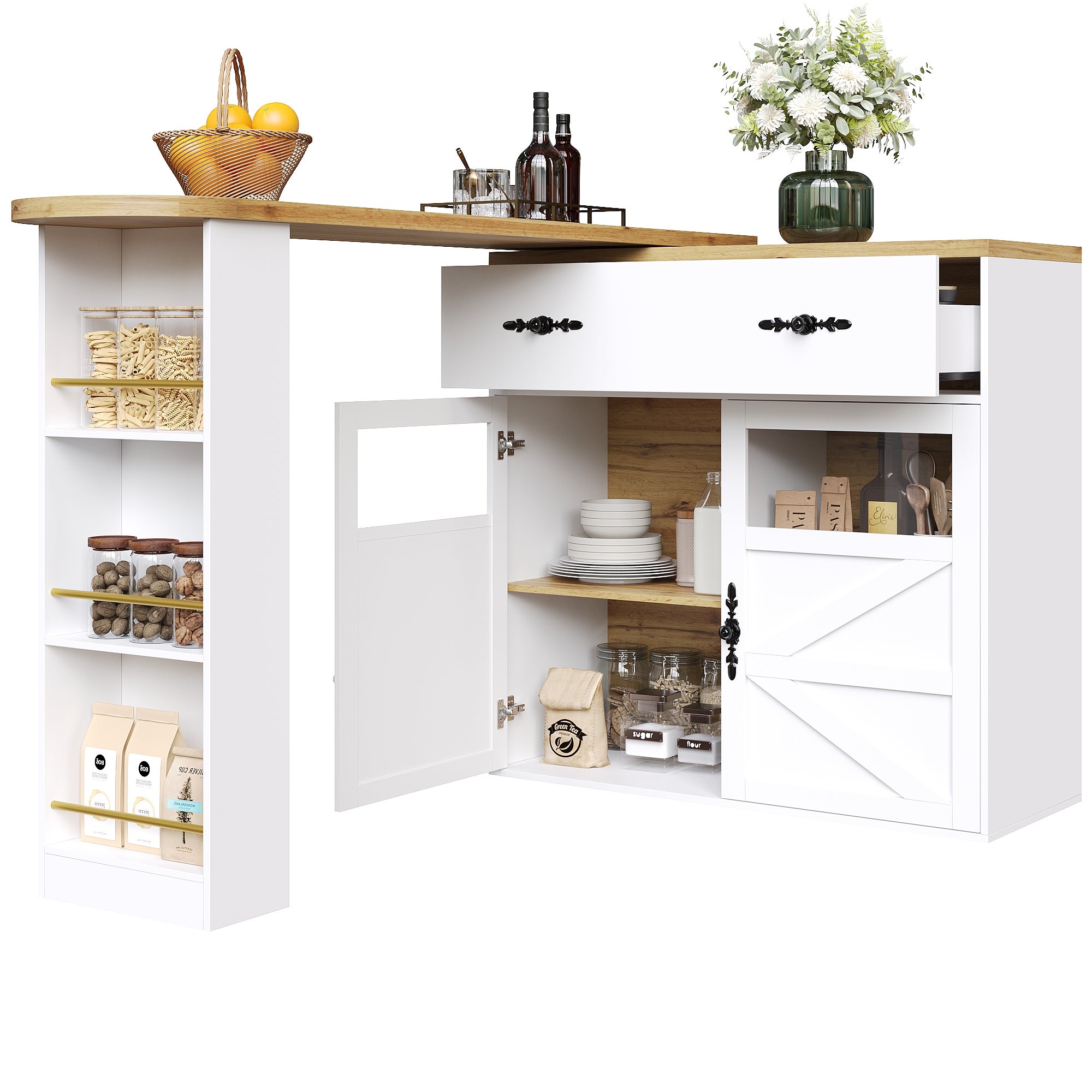 Tavolo Da Bar Moderno Allungabile 138-204 Cm In MDF Bianco – Girevole 360°, Con Cassetti E Ripiani – Ideale Per Cucina, Bar E Ufficio
