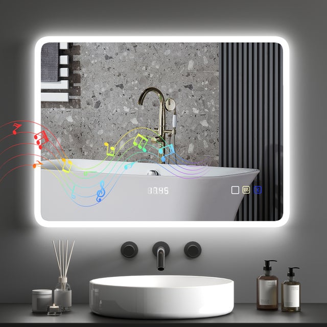 Miroir de salle de bain lumineux LED 80x60 cm Bluetooth 3 couleurs anti-buée fonction mémoire IP44