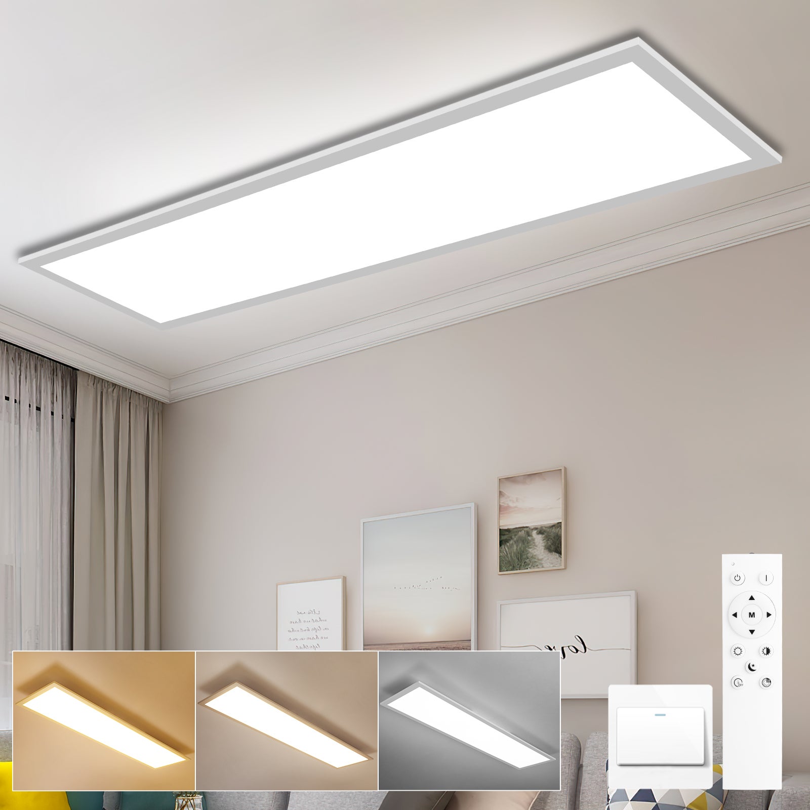 LOVHAUS Panel LED 100x25CM z pilotem, 30W 3300LM, lampa sufitowa regulowana, funkcja pamięci, 3000K-6500K
