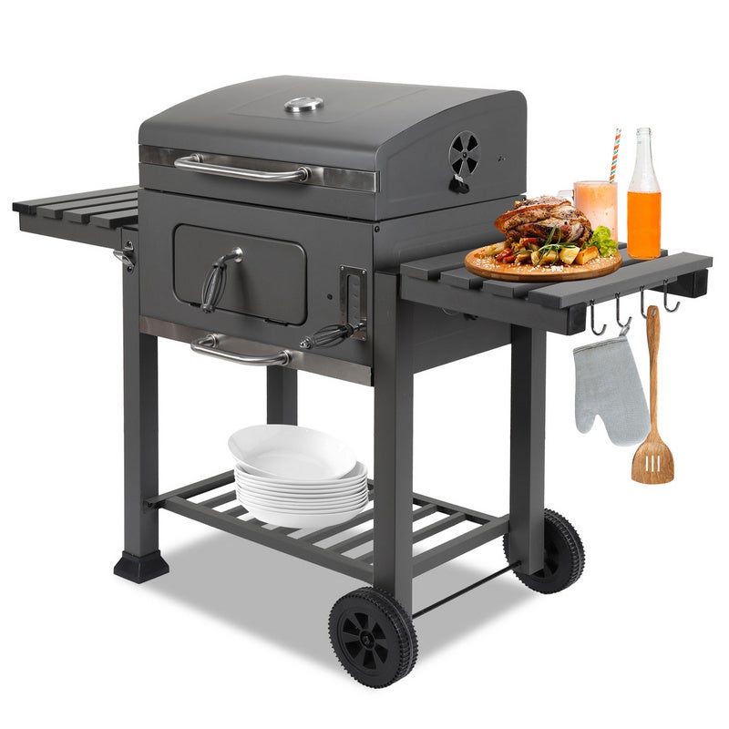 Barbecue Fumoir 3 En 1 Charbon – Thermomètre Intégré, Bac à Eau, 2 Grilles + 4 Crochets – Pour Cuisson, Grill, Fumage