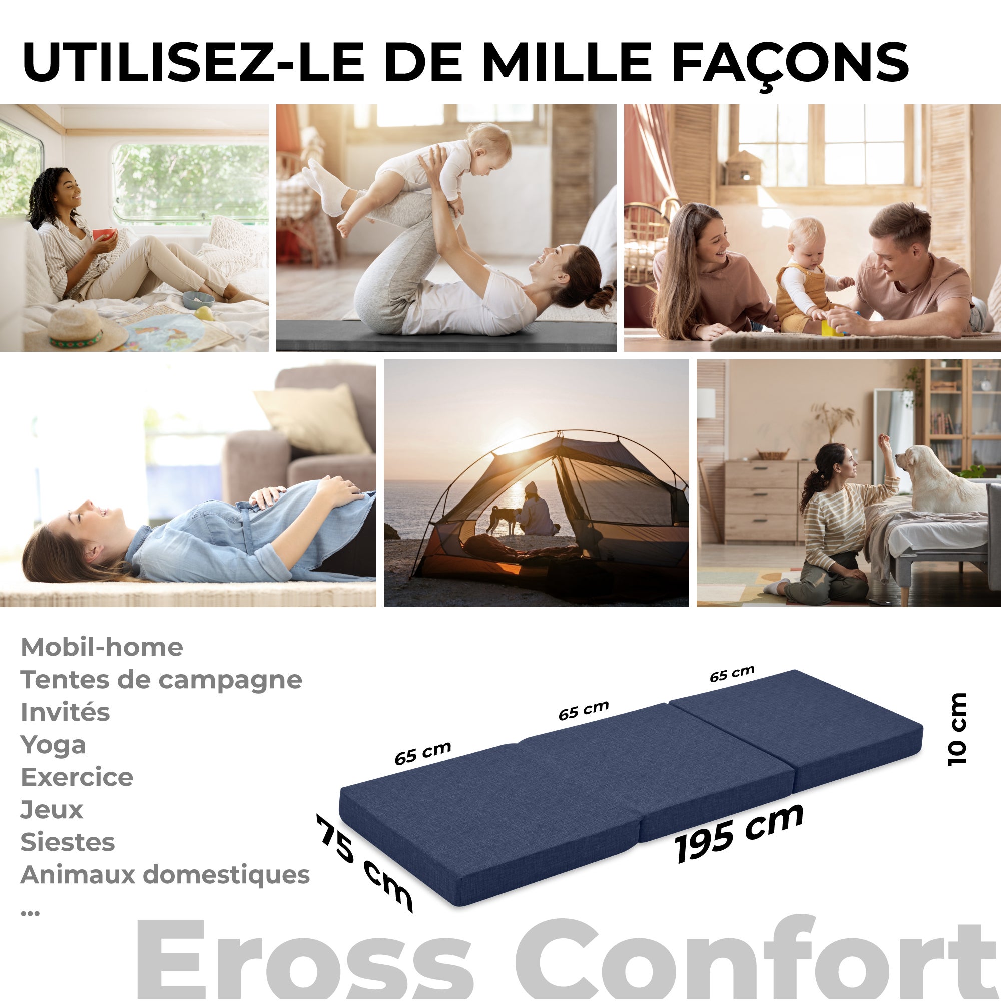 Colchón Plegable 75x195. Transpirable Funda Lavable y Bolsa de Transporte. Altura 10 cm Azul - 6