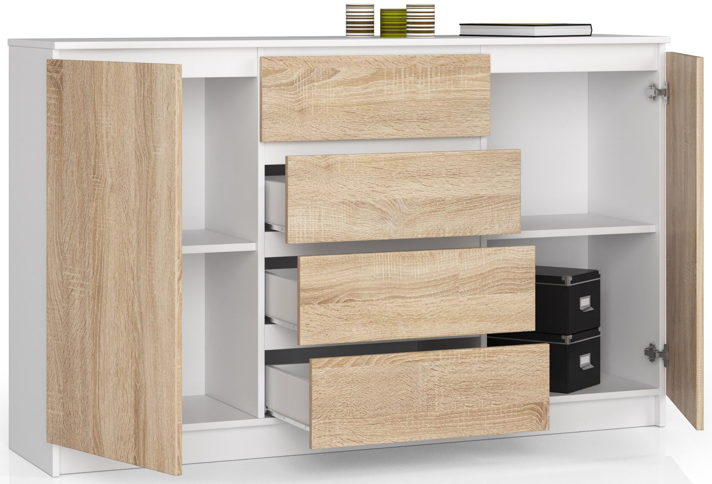 Grande Commode pour le salon AKORD K160 Blanche 160 cm 2 portes 4 tiroirs façade Chêne Sonoma 4 étagères 160x40x99 cm - 2
