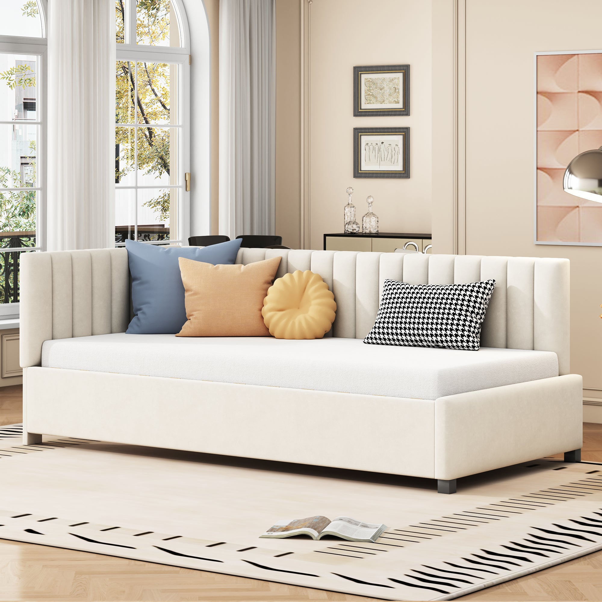 Soweiz Divano Letto Imbottito Estraibile 90x200 Cm - Con Rete A Doghe - Velluto Beige - Per Bambini, Ragazzi E Ospiti