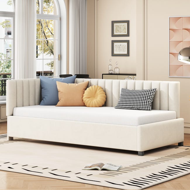 Soweiz Divano Letto Imbottito Estraibile 90x200 Cm - Con Rete A Doghe - Velluto Beige - Per Bambini, Ragazzi E Ospiti