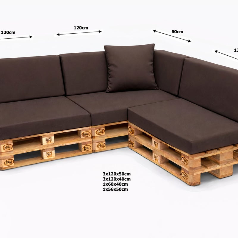 Zestaw 8 poduszek na palety ogrodowe 120×50×10 cm – siedzisko i oparcie 120×40×10 cm, poduszki na meble ogrdowe, brązowe