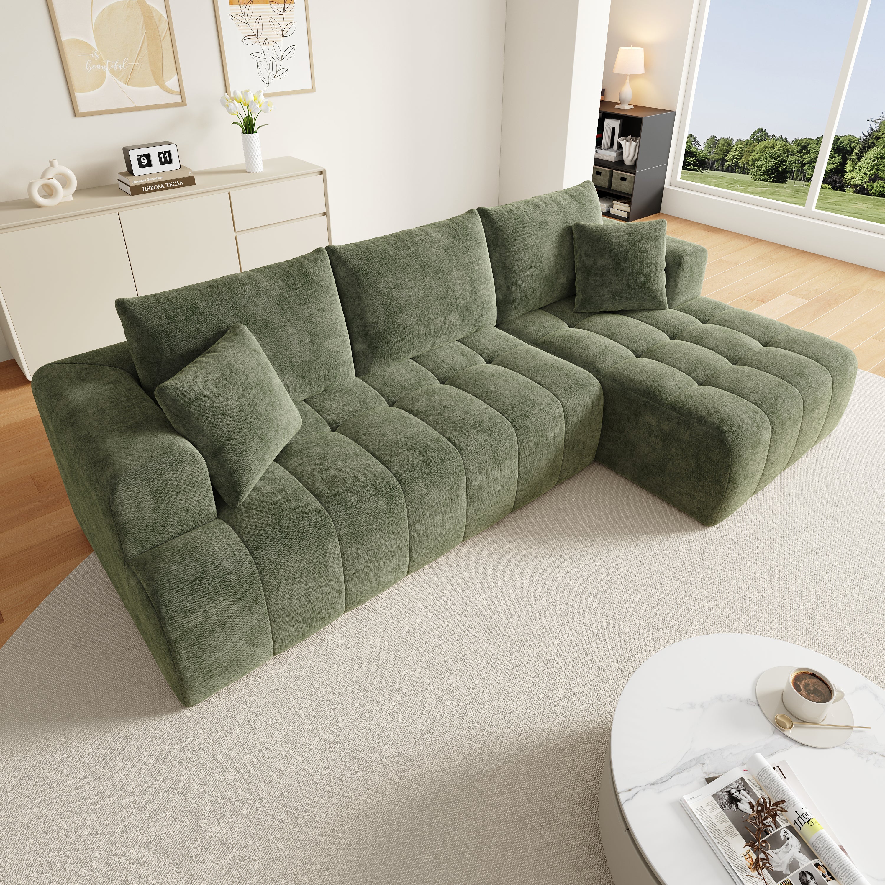 Narożnik modułowy 3-osobowy - 244,5 x 136 x 79 cm - tkanina szenilowa - do salonu - zielony