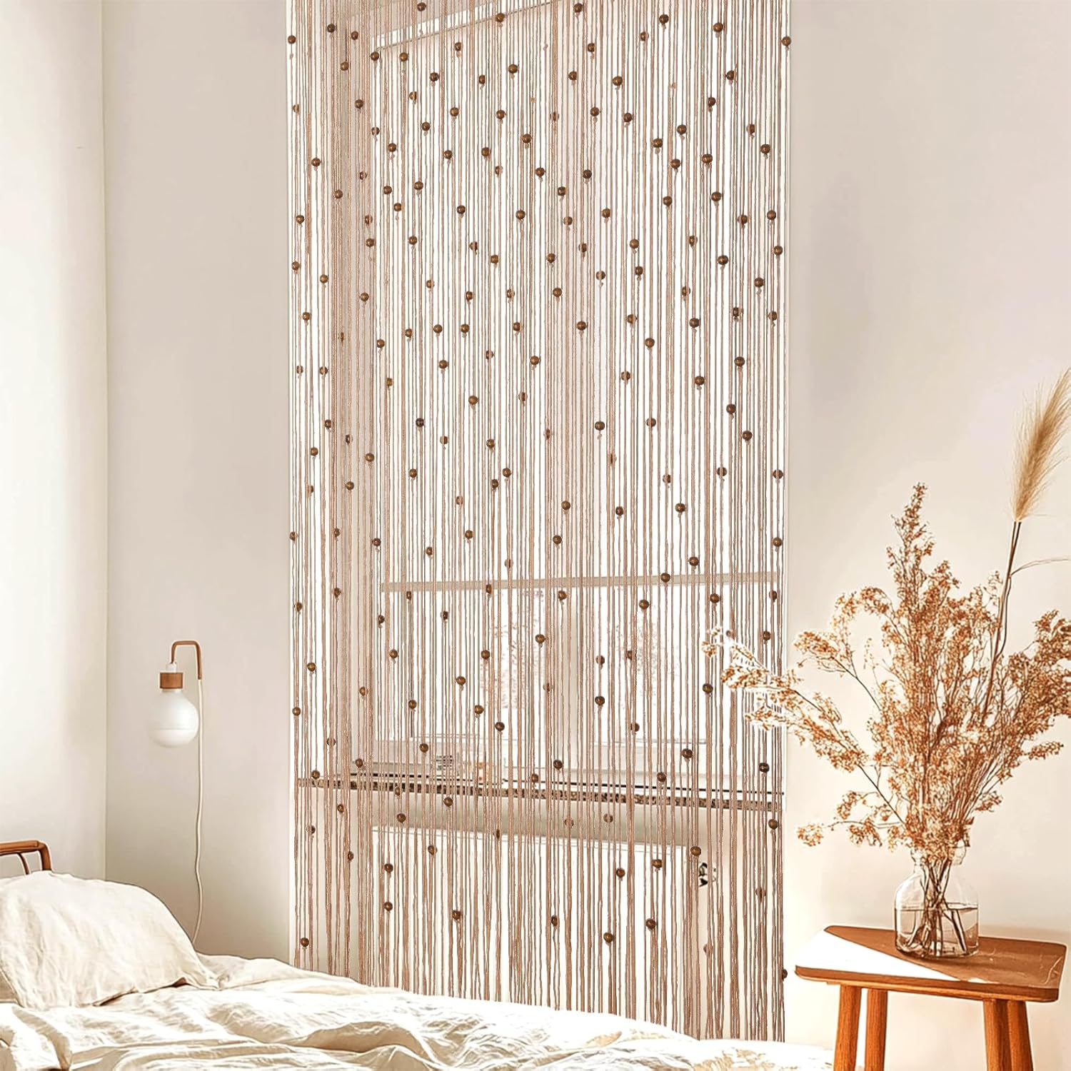 Rideau de perles bohème en macramé fait à la main avec perles en bois pour fenêtre, porte, 200 x 91 cm (L x l), blanc - 2