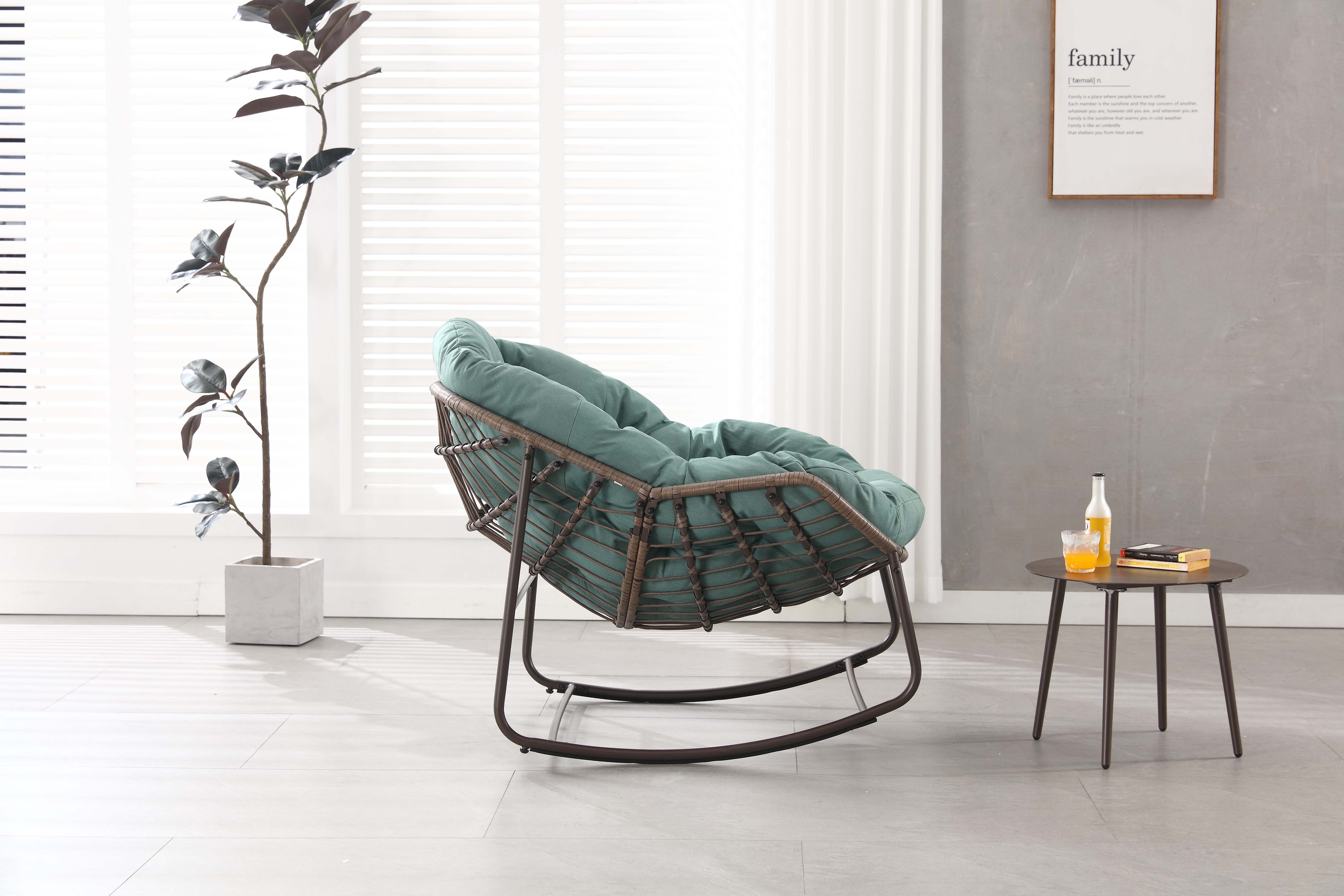Cadeira de balanço de vime extragrande para exterior, confortável e com almofada grossa, ideal para pátio, varanda e jardim - Verde claro - 3