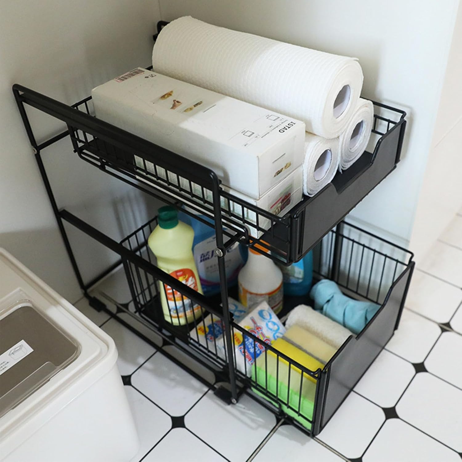 Organiseur sous évier à 2 niveaux&nbsp;: organiseurs sous évier avec tiroir coulissant&nbsp;– Rangement coulissant pour salle de bain, cuisine, bureau - 2