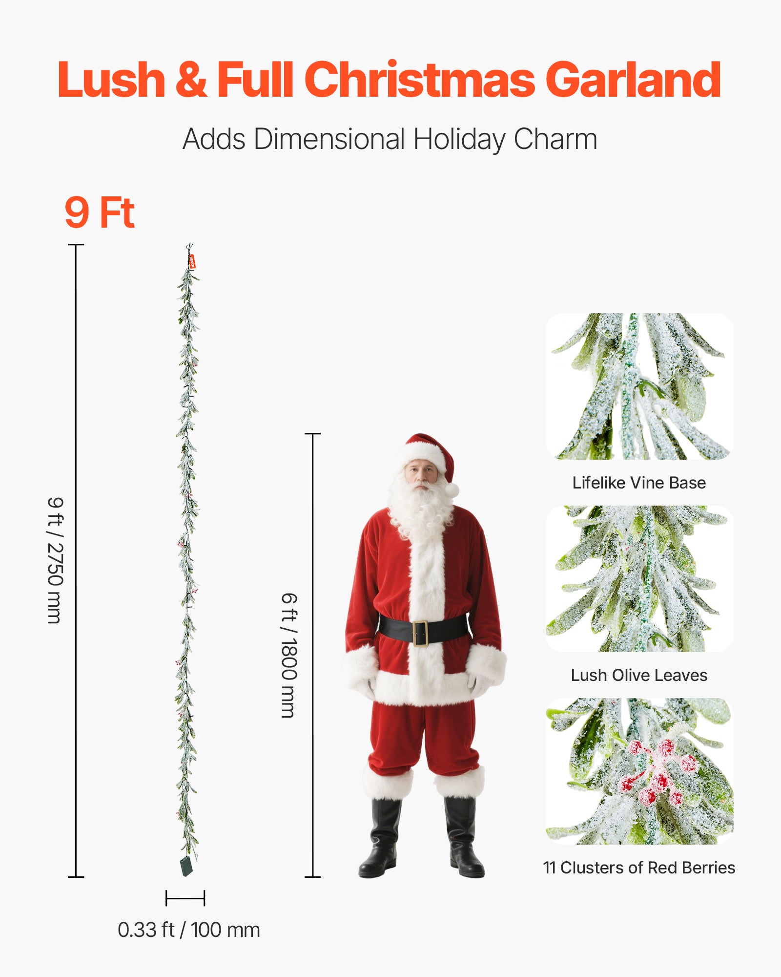 Grinalda de Natal,VEVOR 2,7 m,grinalda de folhas de oliveira artificiais com luzes,para lareiras,penduradas,de pé,grinaldas - 2