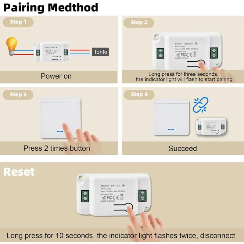 Interrupteur D'éclairage Radio 10A 230V Kit Interrupteur Sans Fil Sans Pile 200-2000W Interrupteur Va Et Vient Sans Fil Sans Câble Interrupteur - 4