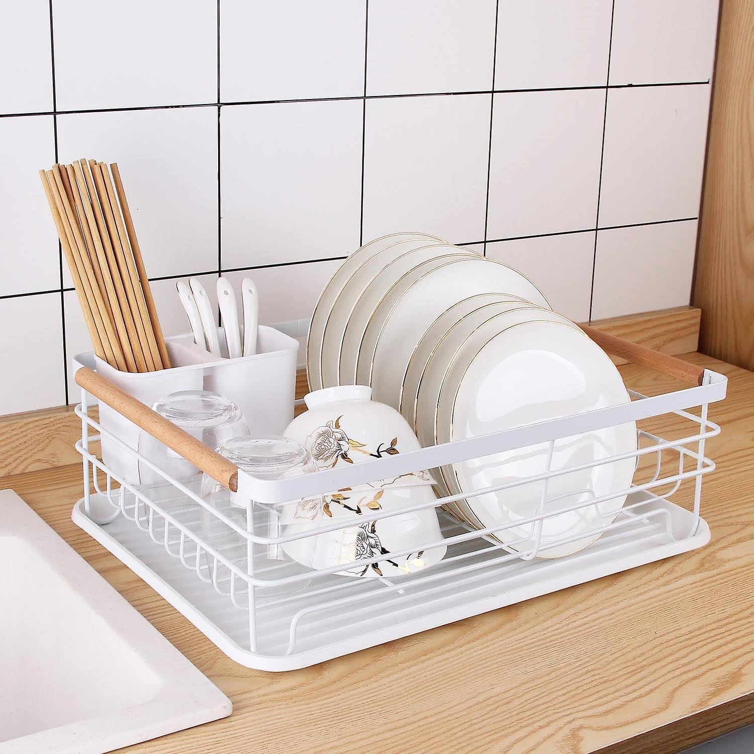 Escurreplatos de Acero Inoxidable con Soporte para Utensilios Extraible, Portavasos y Estante de Gran Capacidad - 43x32x14.5cm (Blanco) - 4
