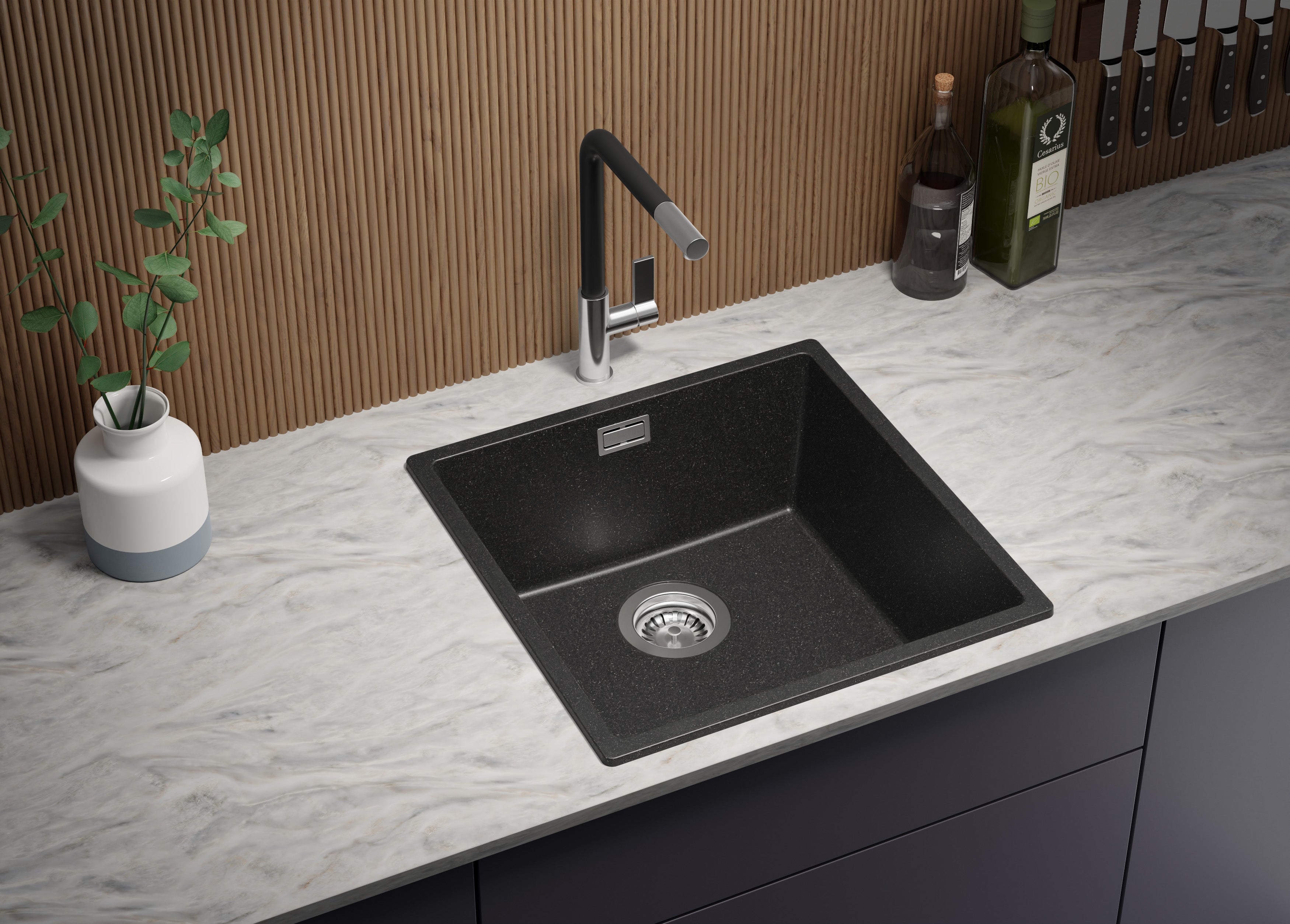 Evier Cuisine en Granit Graphite 46x47cm, Lavabo 1 bac + Kit de Vidage, Évier à Encastrer au meuble 50cm - London Slim PRIMAGRAN - 2