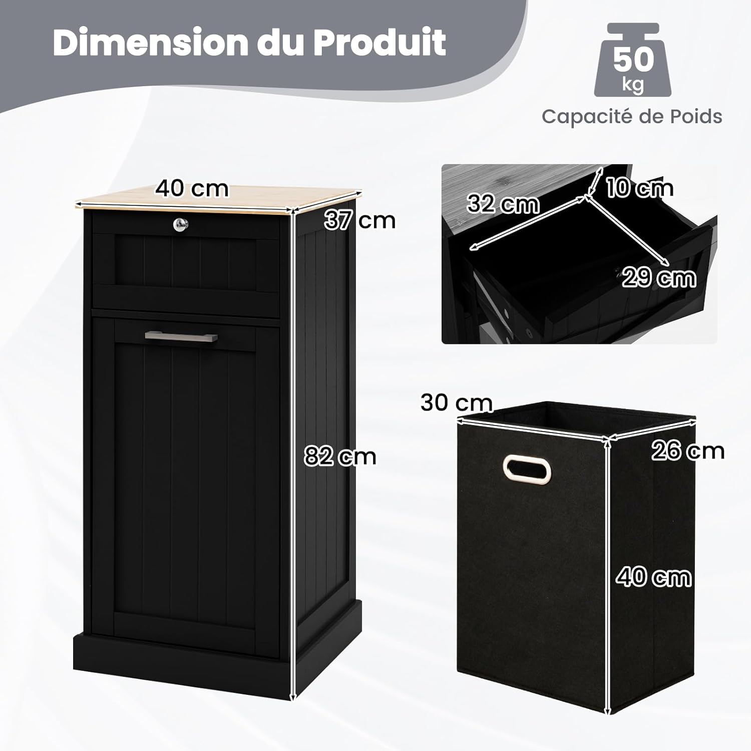 Panier à Linge avec Porte Basculante 38L, Meuble Salle de Bain Rangement 40 x 37 x 82 cm, Gain de Place, pour Petit Espace, Noir - 3