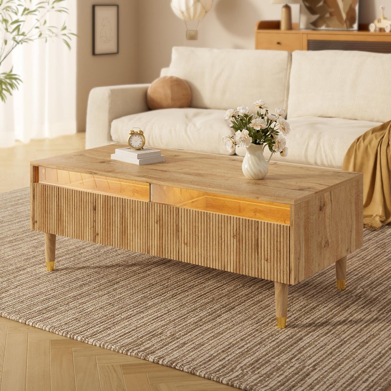 Nowoczesny stolik kawowy LED 110 × 50 × 40 cm z falistymi szufladami, nogami z pozłacanego drewna i oświetleniem LED w 7 kolorach