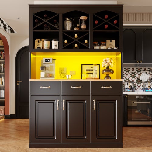Meuble de cuisine LED 120x40x180 cm, buffet de rangement avec trois portes, 3 tiroirs et 3 porte, pour salon/cuisine, noir - 4