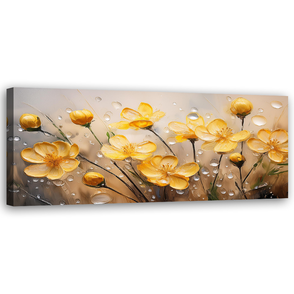 Obraz na płótnie, Zólte Kwiaty Rośliny Krople Rosy 120x40