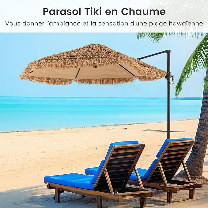 Parasol de Patio Style Hawaïe en Chaume Hula Tiki, Parasol Suspendu Déporté avec Toit Aéré, Protection Solaire, pour Piscine Jardin Terrasse Plage - 5