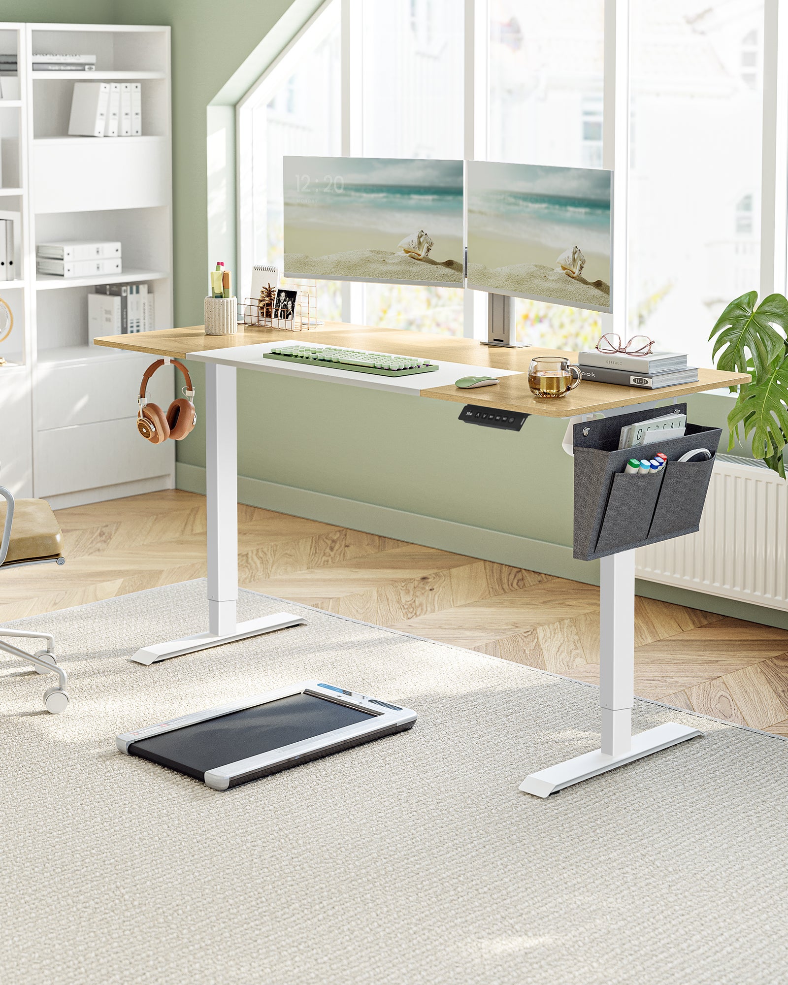Bureau Assis Debout Électrique, 70 x 160 x (72-120) cm, Table Réglable en Hauteur, Jaune Pastel et Blanc Pur - 2