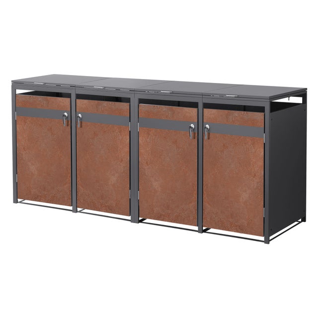 ML-Design pojemnik na smieci 4-komorowy 240L stal kortenowa antracytowa rdza zamykany pokrywa drzwi na zawiasach do ogrodu i domu 132x80x120 cm