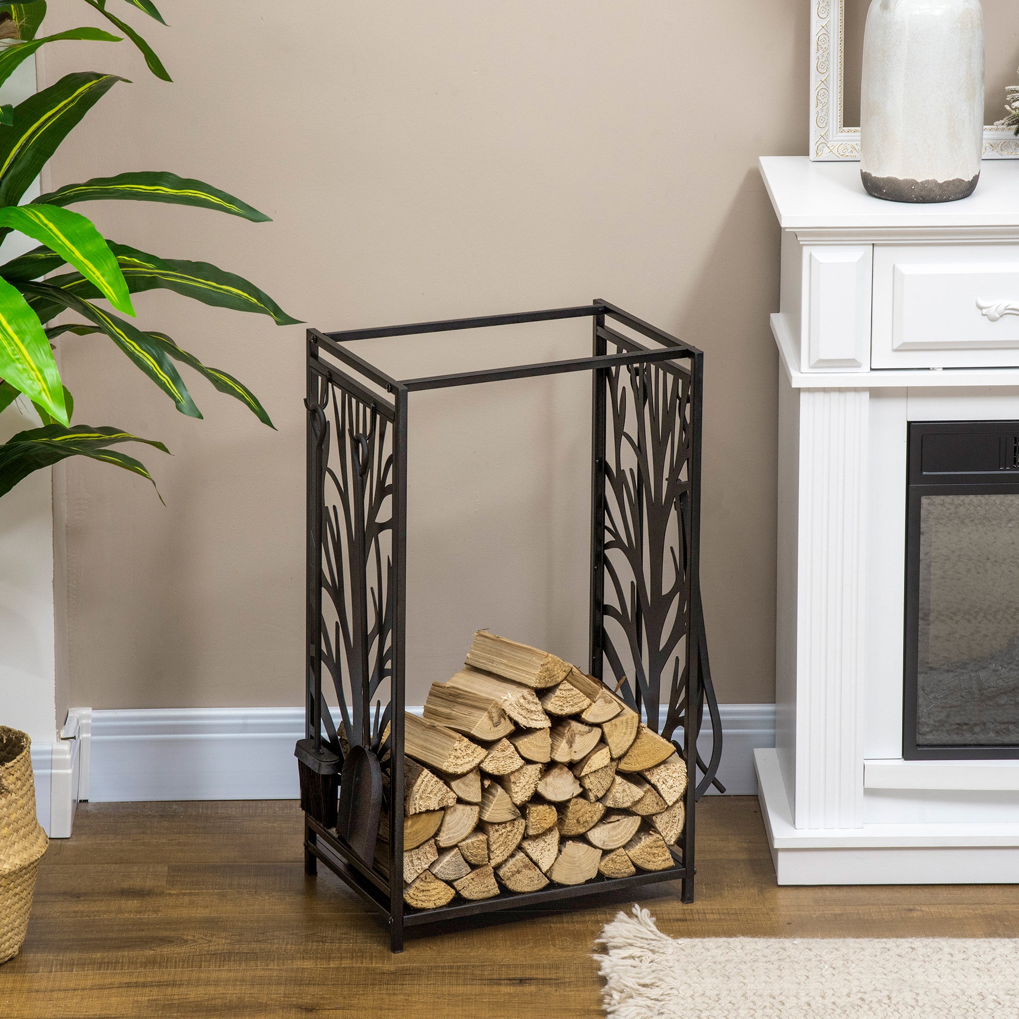 Portalegna Per Camino HOMCOM In Acciaio Nero - Con 4 Attrezzi, Porta Legna Da Interno/Esterno, Capacità 100kg - Foto 9