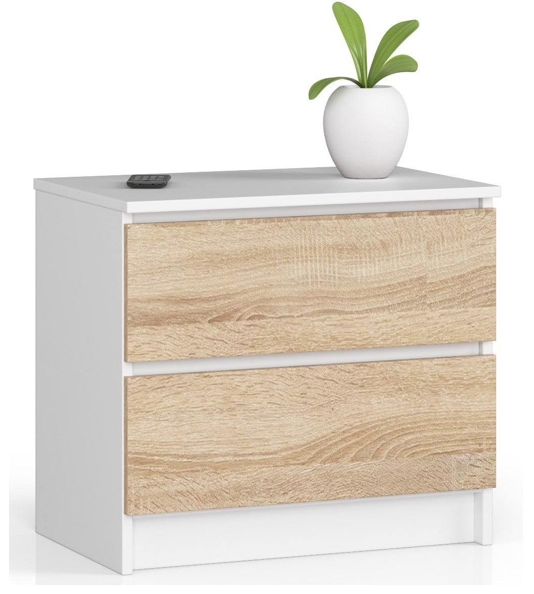 Stolik nocny: 2 szuflady, biały | dąb sonoma, szer.: 60 cm, wys.: 55 cm, gł.: 40 cm.
