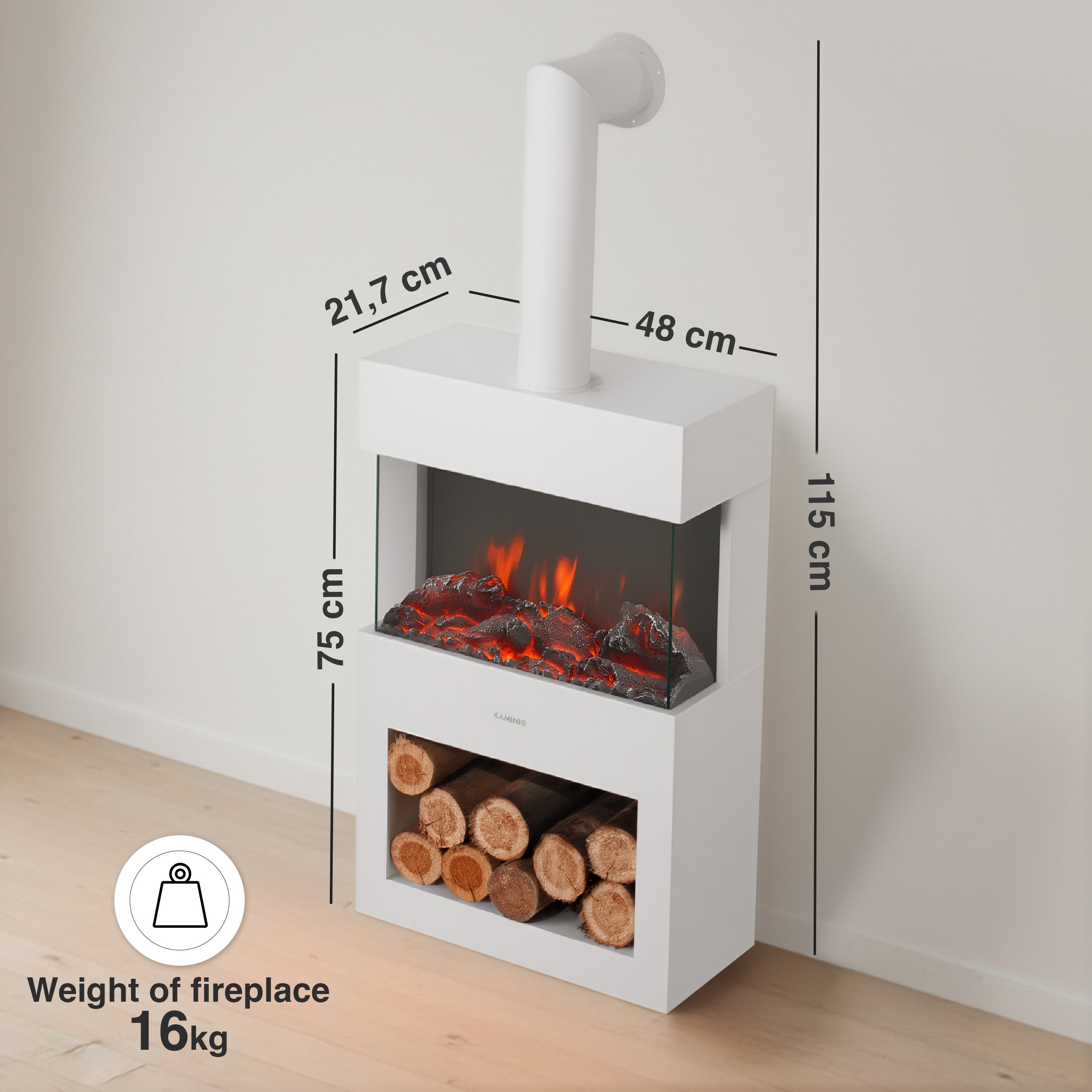 KAMINIO Chimenea eléctrica HENRI con tubo de chimenea - Estufa de chimenea calefacción, llama 3D, luz ambiental, compartimento madera, remoto - Blanco - 6