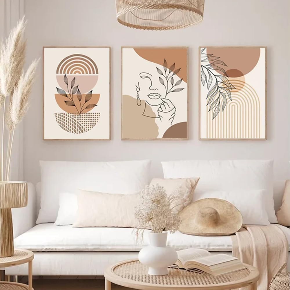 3 Boho Tableau Decoration Murale Terracotta Affiche Art Géométrique Visage Femme Abstrait Poster Plante30x40cm - 2