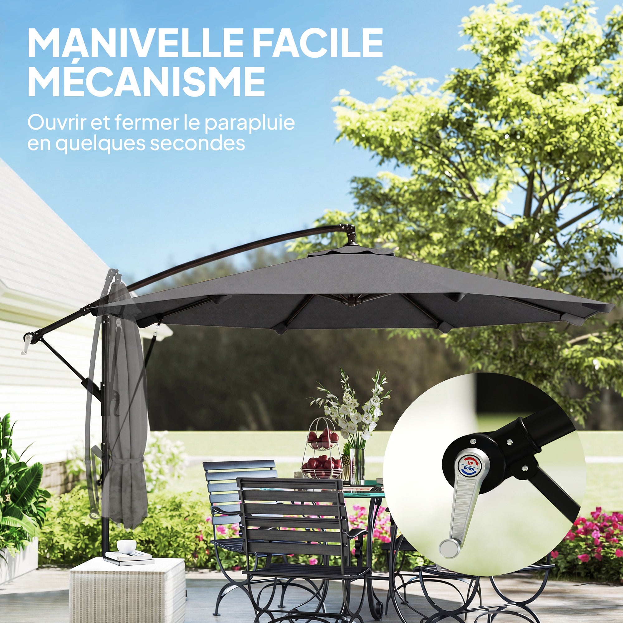 Parasol Déporté Parasol de Jardin Extérieur Double Cordes de Fixation et Housse de Protection Manivelle Gris Foncé - 9